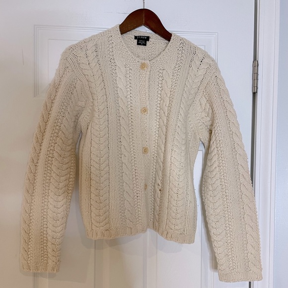 J. Crew Sweaters J Crew Cable Knit Wool Cardigan Sweater Hand Knit In Ecru Medium Poshmark